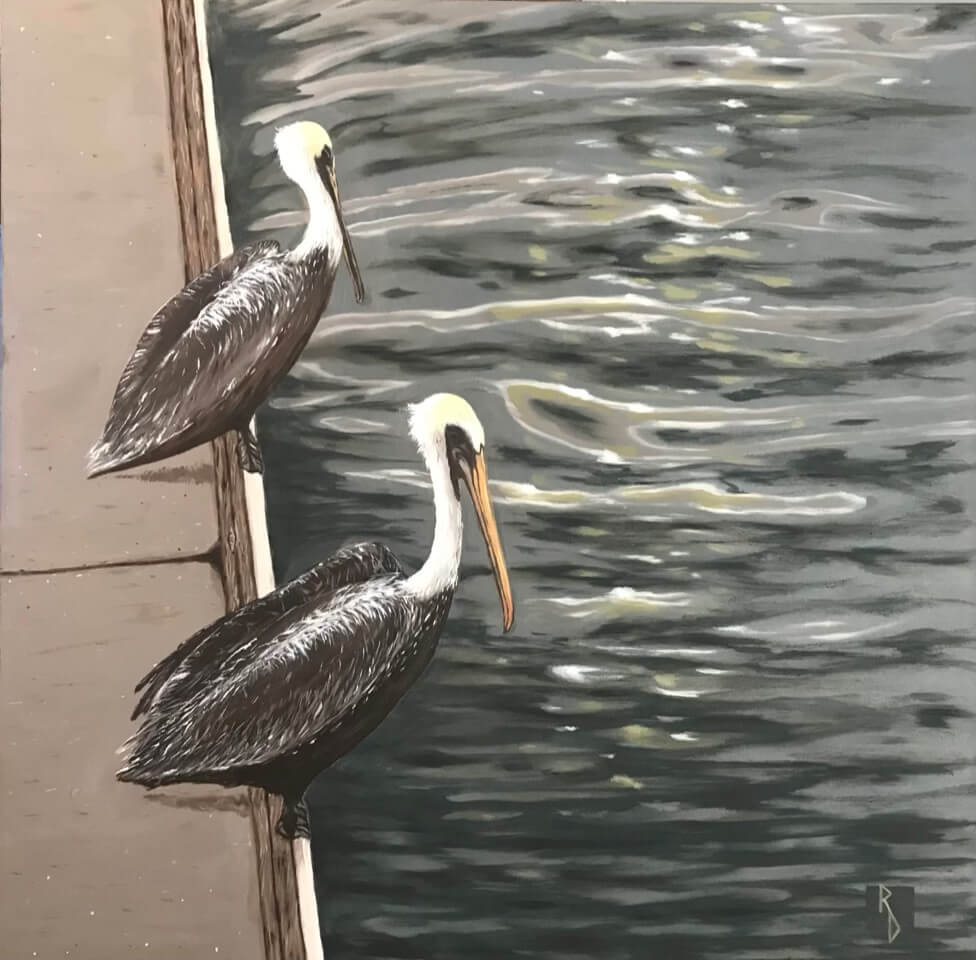 Pelicans at Shem Creek, oil on canvas